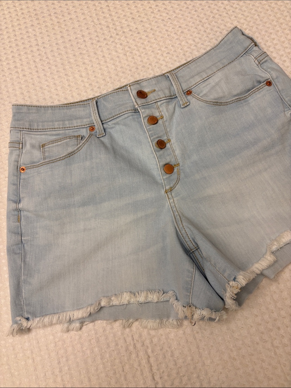 Universal Thread 10/30 High Rise Midi Light Blue Button-Fly Denim Cut Off Shorts